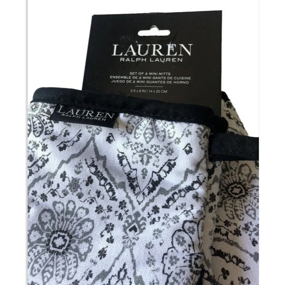 Ralph Lauren Medallion Mini Oven Mitts Neoprene Grips White Gray Black Set of 2